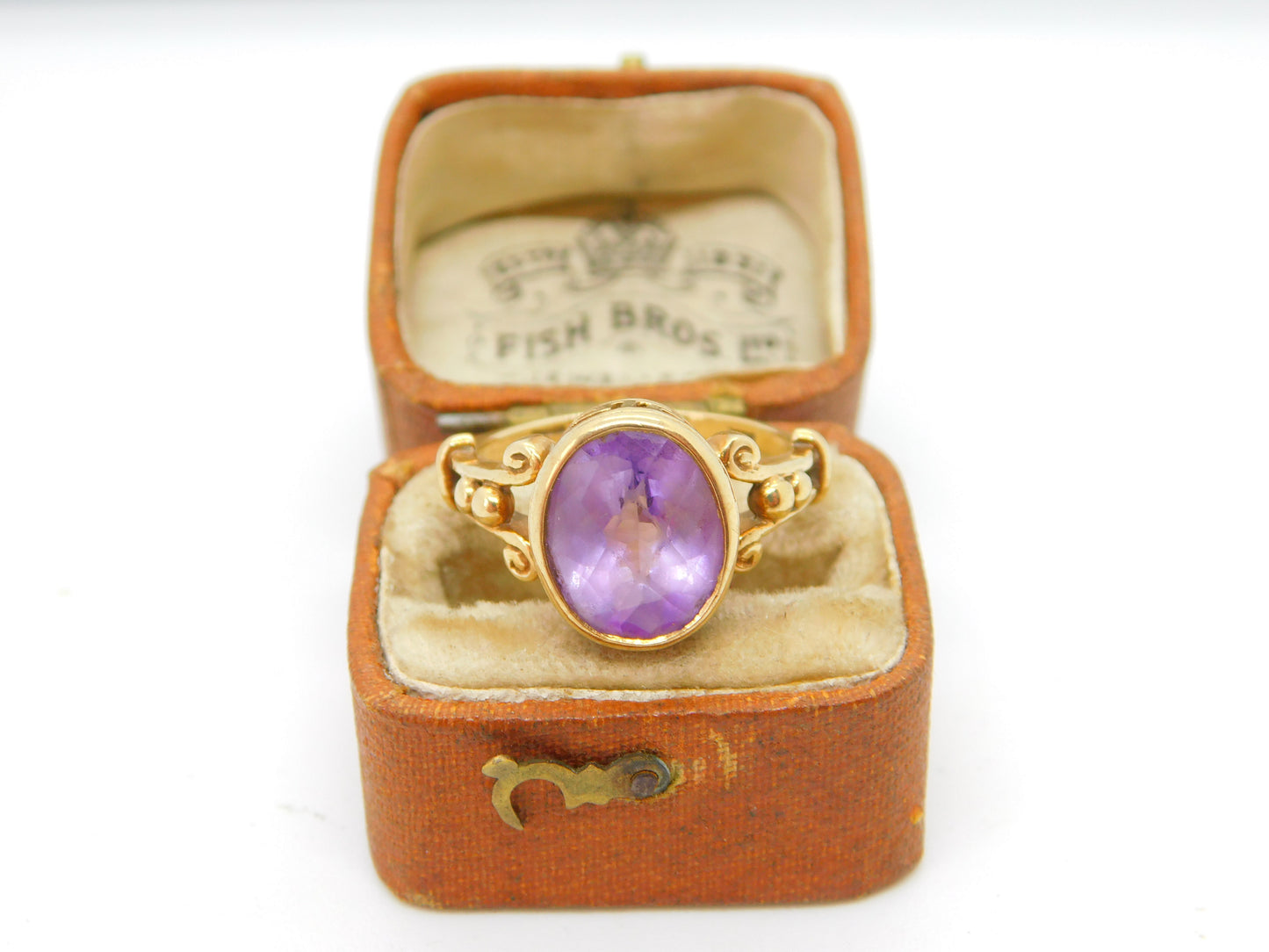 9ct Yellow Gold Amethyst Set Dress Ring Greek Maze Detail Vintage c1990