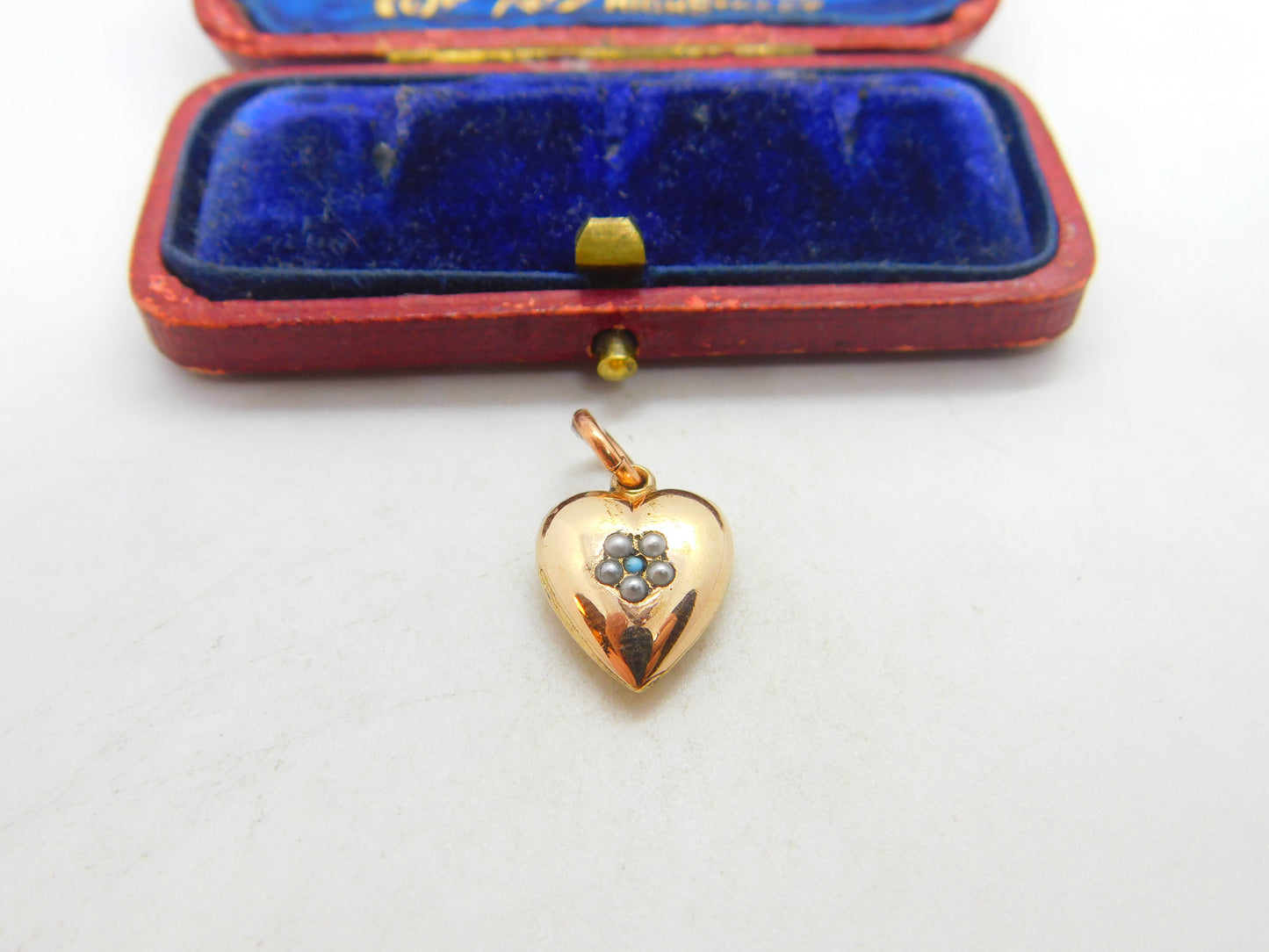 Victorian 9ct Gold Cased Seed Pearl & Turquoise Heart Pendant Antique c1890