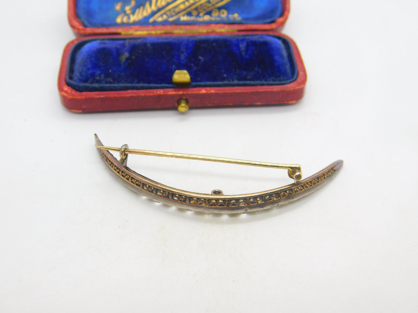 Victorian 9ct Gold & Silver Set Paste Set Crescent Moon Brooch c1860 Antique