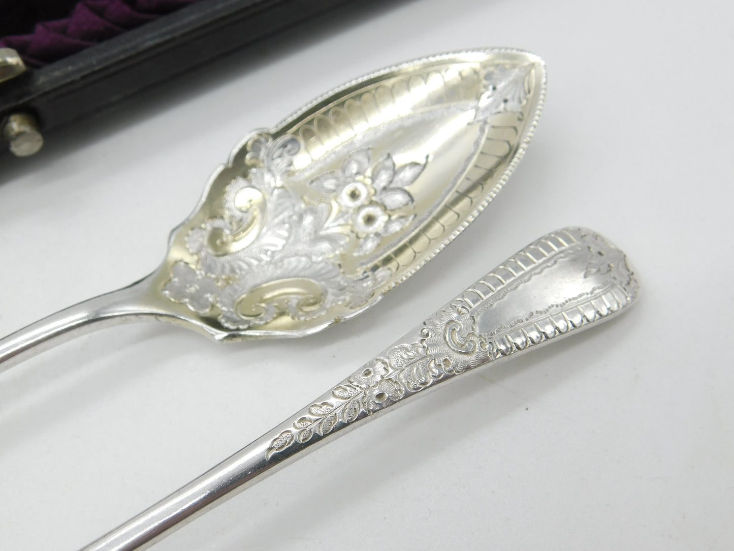 Boxed Pair of Victorian Sterling Silver Berry Spoons 1894 Sheffield Antique