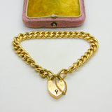 Edwardian 15ct Yellow Gold Curb Link Charm Bracelet & Heart Clasp Antique c1910