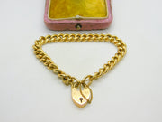 Edwardian 15ct Yellow Gold Curb Link Charm Bracelet & Heart Clasp Antique c1910
