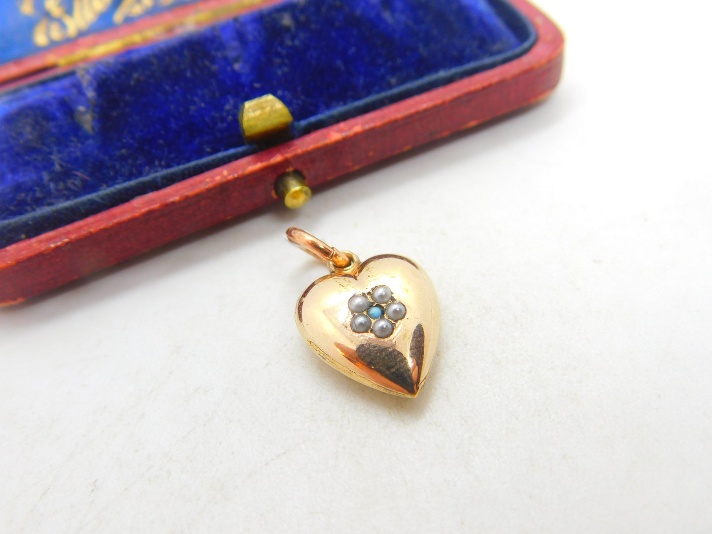 Victorian 9ct Gold Cased Seed Pearl & Turquoise Heart Pendant Antique c1890