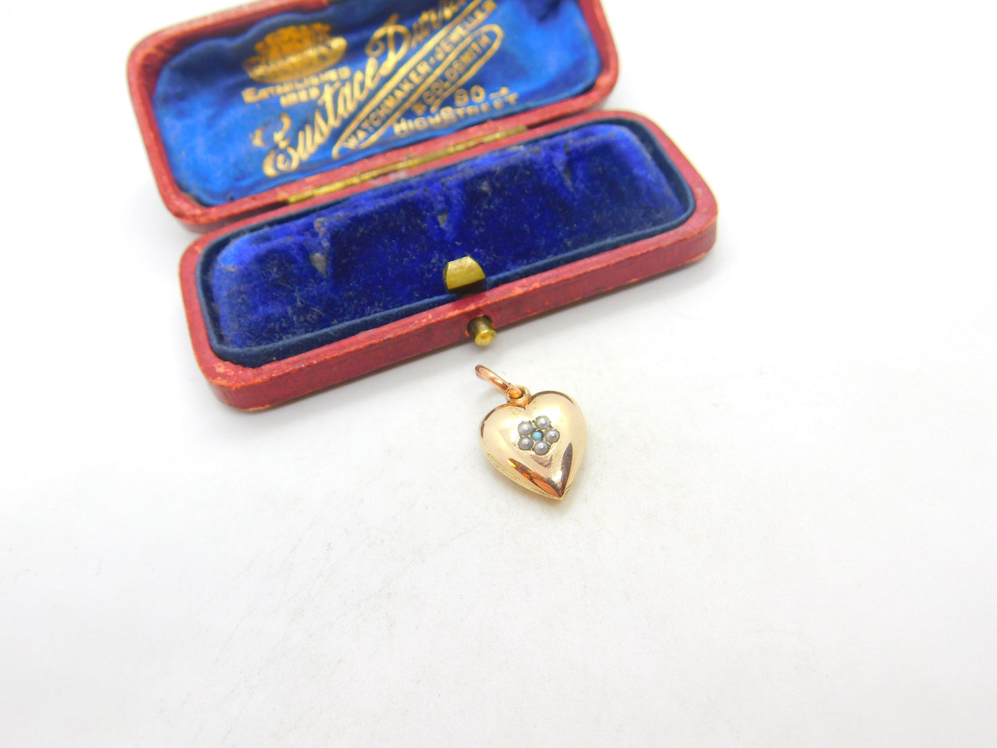 Victorian 9ct Gold Cased Seed Pearl & Turquoise Heart Pendant Antique c1890