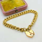 Edwardian 15ct Yellow Gold Curb Link Charm Bracelet & Heart Clasp Antique c1910