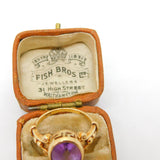 9ct Yellow Gold Amethyst Set Dress Ring Greek Maze Detail Vintage c1990