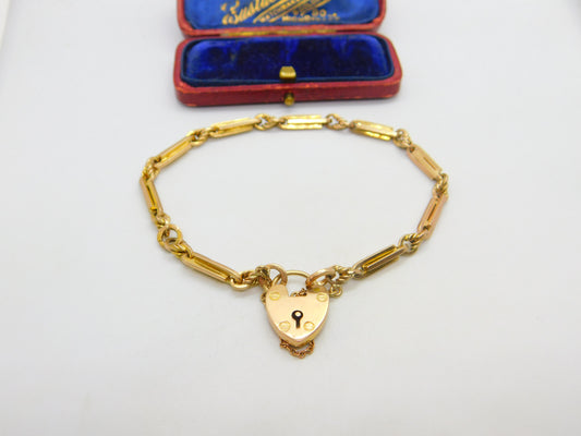 Edwardian 9ct Yellow Gold Fancy Link Bracelet with Heart Lock Clasp c1910