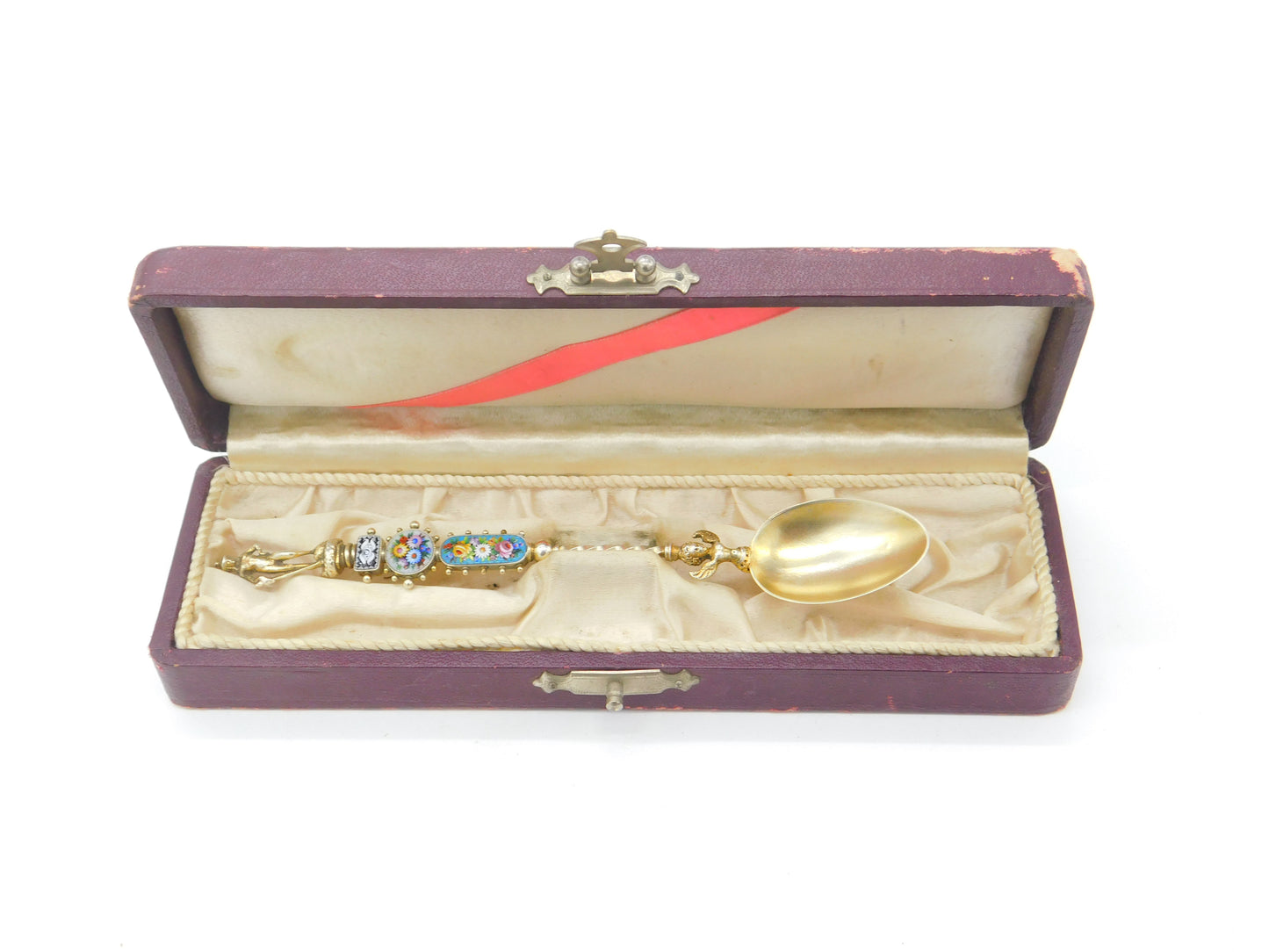 Boxed Italian .900 Silver Gilt Floral Micro-Mosaic Souvenir Spoon c1900