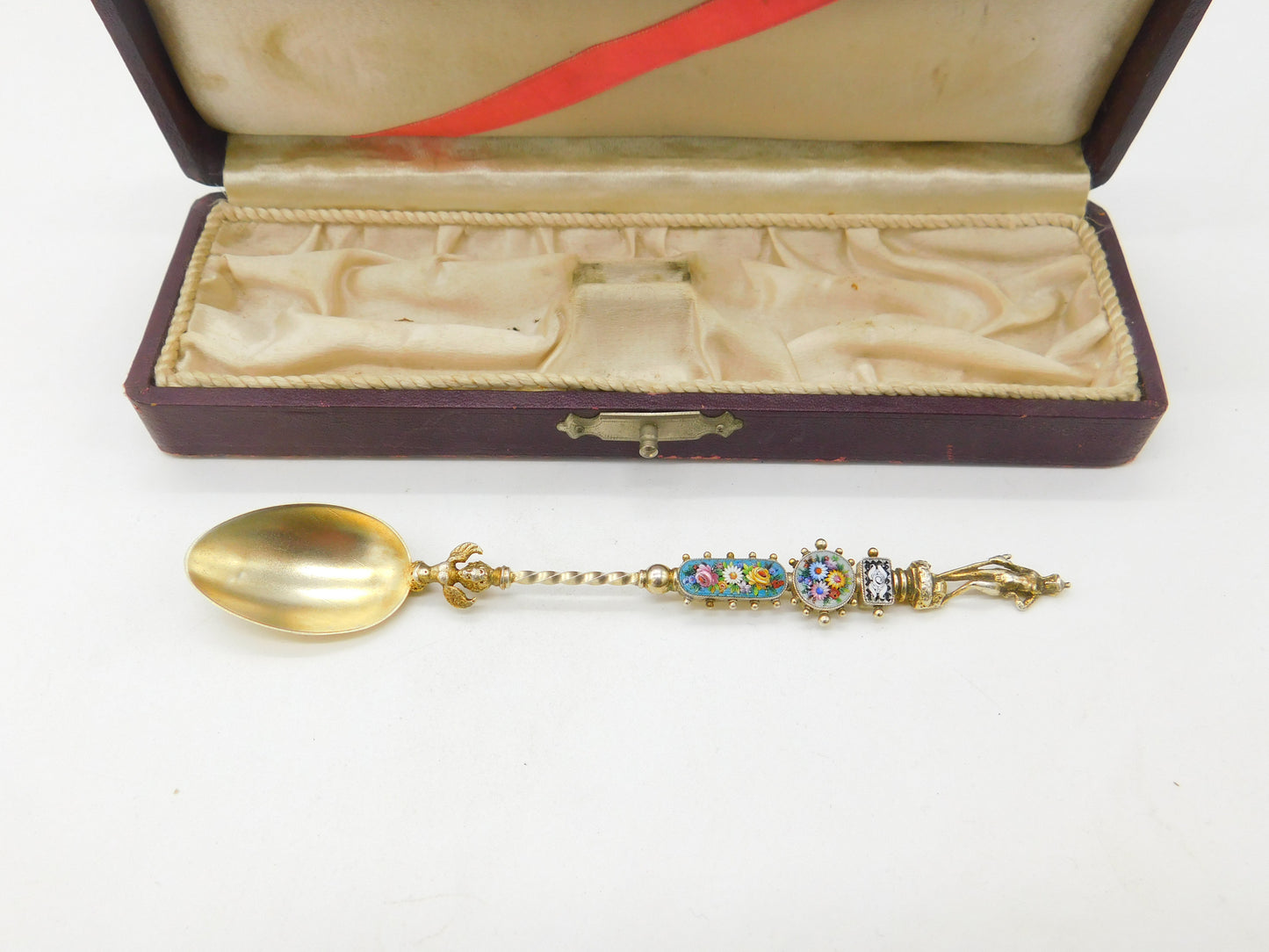 Boxed Italian .900 Silver Gilt Floral Micro-Mosaic Souvenir Spoon c1900