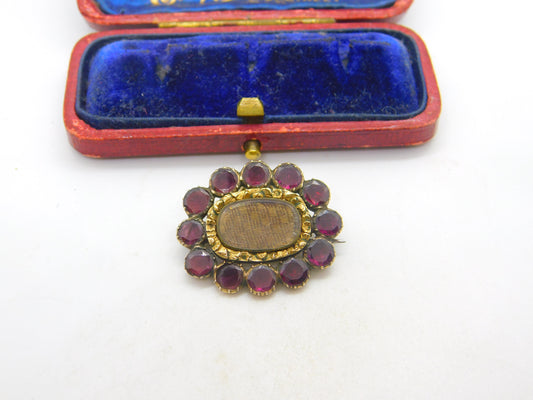 Georgian 9ct Gold, Almandine Garnet, Woven Hair Mourning Brooch Pendant Antique