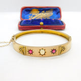 Victorian 9ct Rose Gold, Opal & Garnet Set Bangle Bracelet Antique c1880