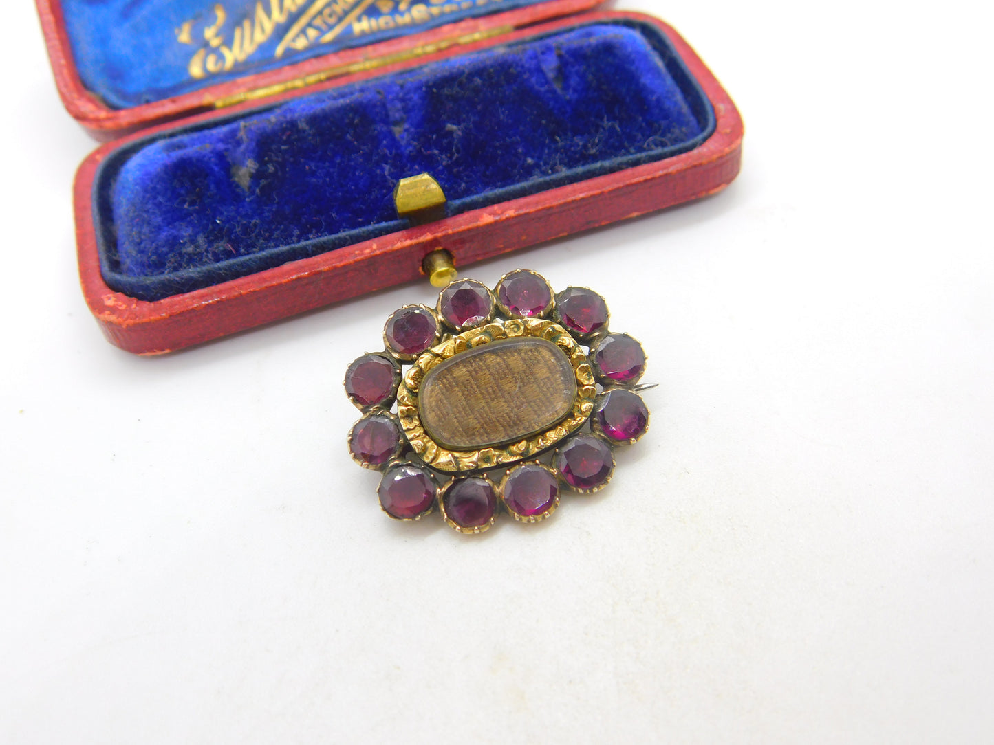 Georgian 9ct Gold, Almandine Garnet, Woven Hair Mourning Brooch Pendant Antique