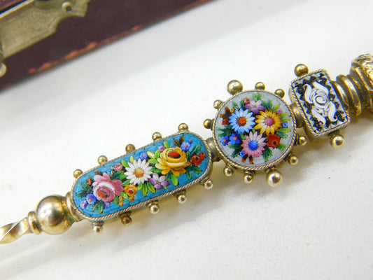 Boxed Italian .900 Silver Gilt Floral Micro-Mosaic Souvenir Spoon c1900