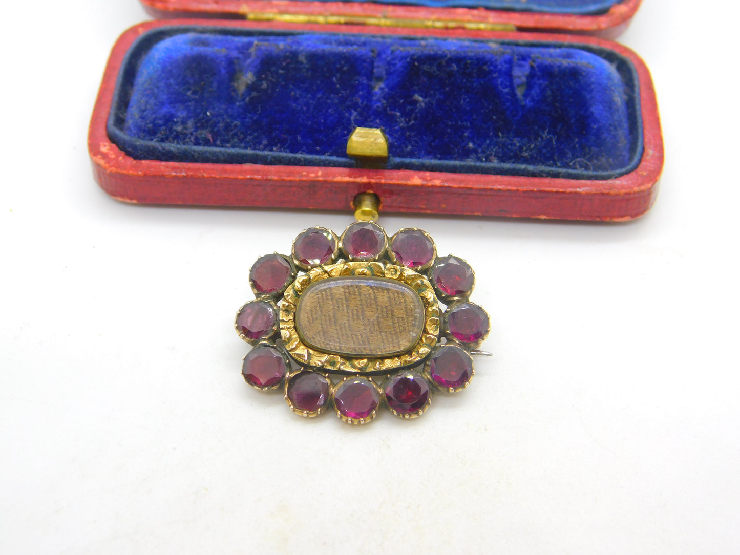 Georgian 9ct Gold, Almandine Garnet, Woven Hair Mourning Brooch Pendant Antique