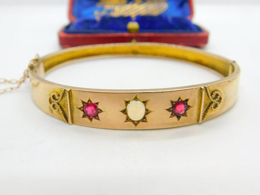 Victorian 9ct Rose Gold, Opal & Garnet Set Bangle Bracelet Antique c1880