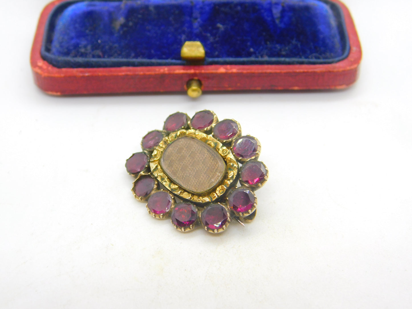 Georgian 9ct Gold, Almandine Garnet, Woven Hair Mourning Brooch Pendant Antique