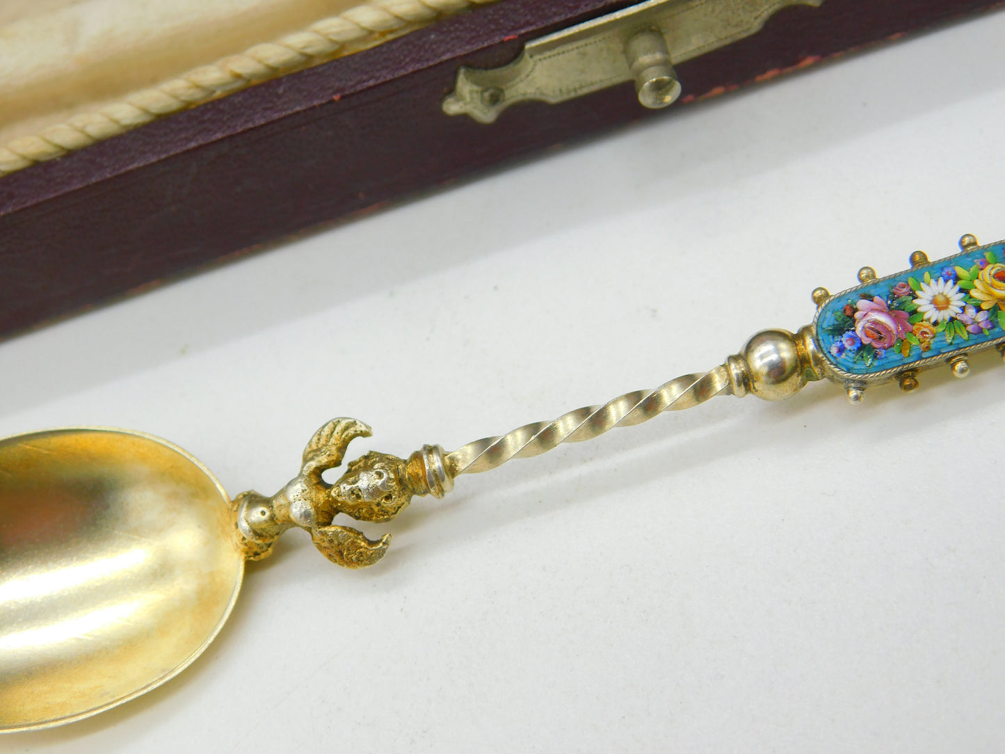 Boxed Italian .900 Silver Gilt Floral Micro-Mosaic Souvenir Spoon c1900