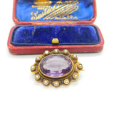 Edwardian 9ct Yellow Gold, Seed Pearl & Amethyst Floral Brooch Antique c1910