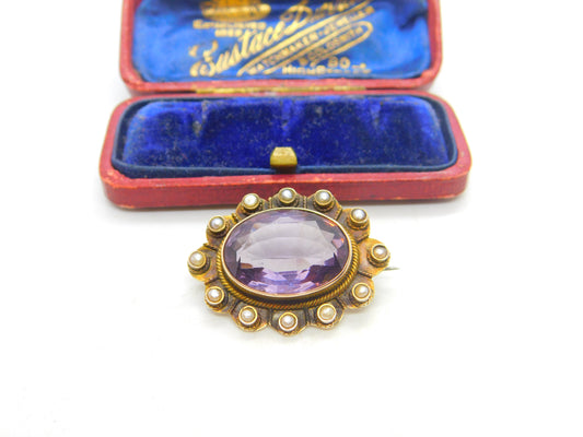 Edwardian 9ct Yellow Gold, Seed Pearl & Amethyst Floral Brooch Antique c1910