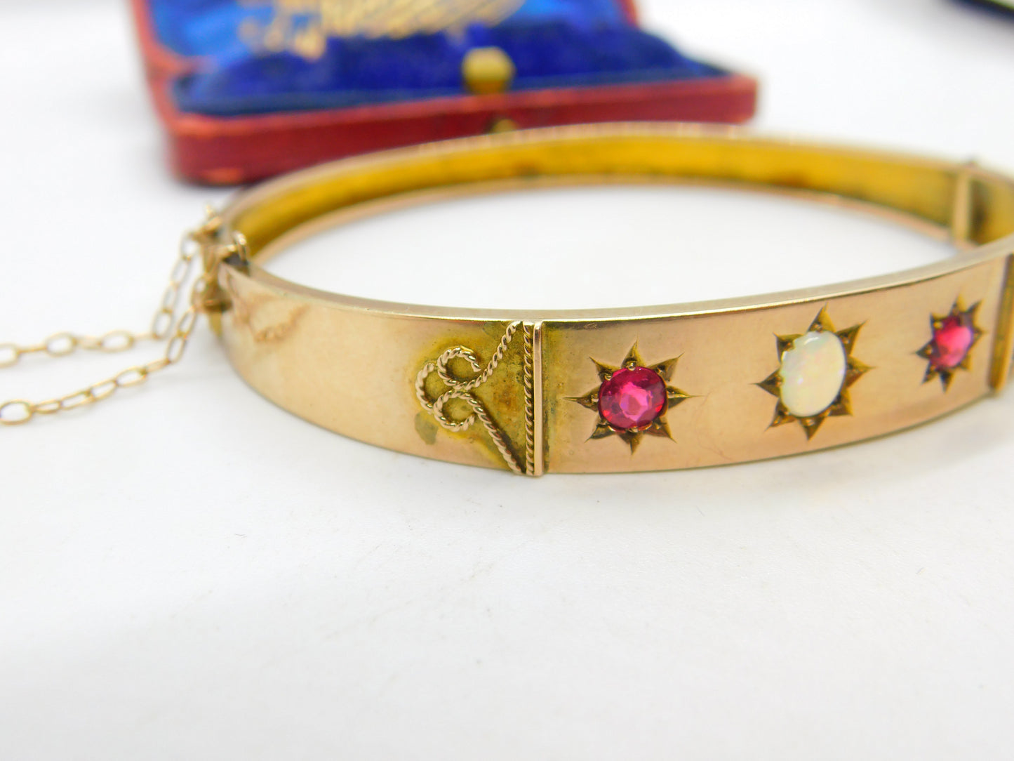 Victorian 9ct Rose Gold, Opal & Garnet Set Bangle Bracelet Antique c1880