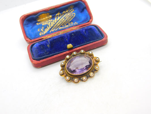 Edwardian 9ct Yellow Gold, Seed Pearl & Amethyst Floral Brooch Antique c1910