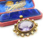 Edwardian 9ct Yellow Gold, Seed Pearl & Amethyst Floral Brooch Antique c1910