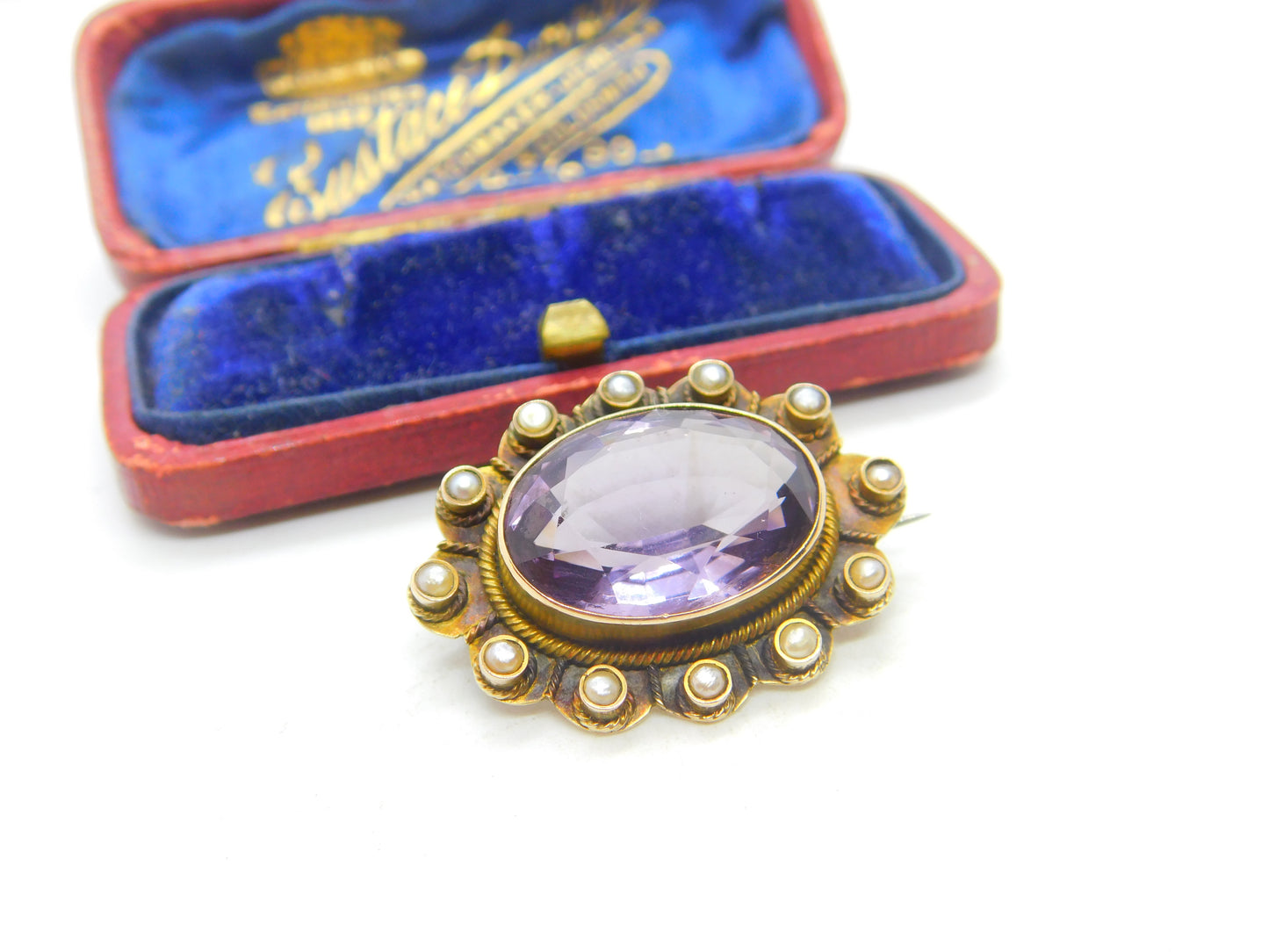 Edwardian 9ct Yellow Gold, Seed Pearl & Amethyst Floral Brooch Antique c1910