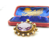 Edwardian 9ct Yellow Gold, Seed Pearl & Amethyst Floral Brooch Antique c1910