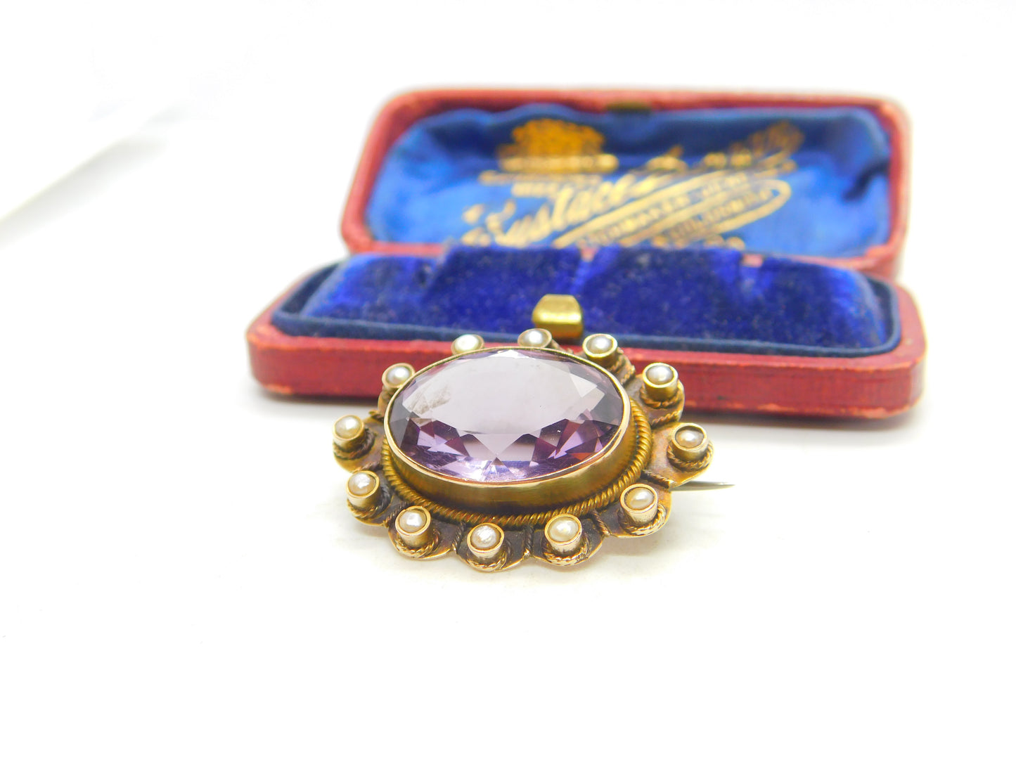 Edwardian 9ct Yellow Gold, Seed Pearl & Amethyst Floral Brooch Antique c1910