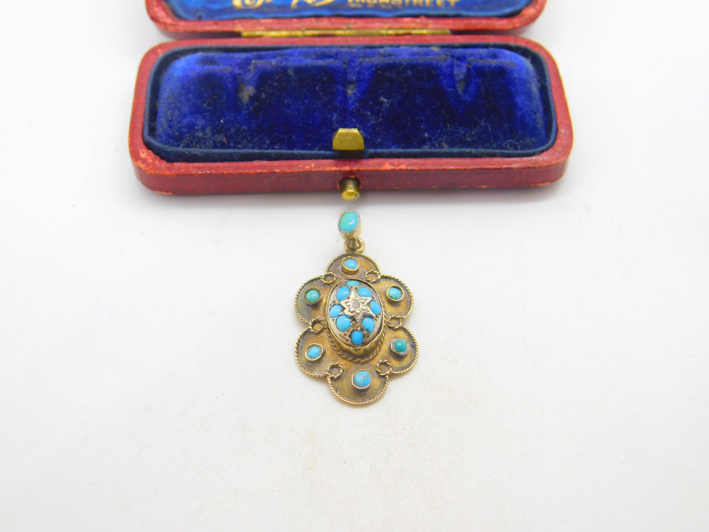 Victorian 15ct Gold, Turquoise & Diamond Floral Drop Pendant c1860 Antique