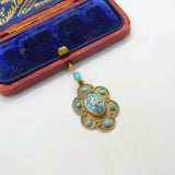 Victorian 15ct Gold, Turquoise & Diamond Floral Drop Pendant c1860 Antique
