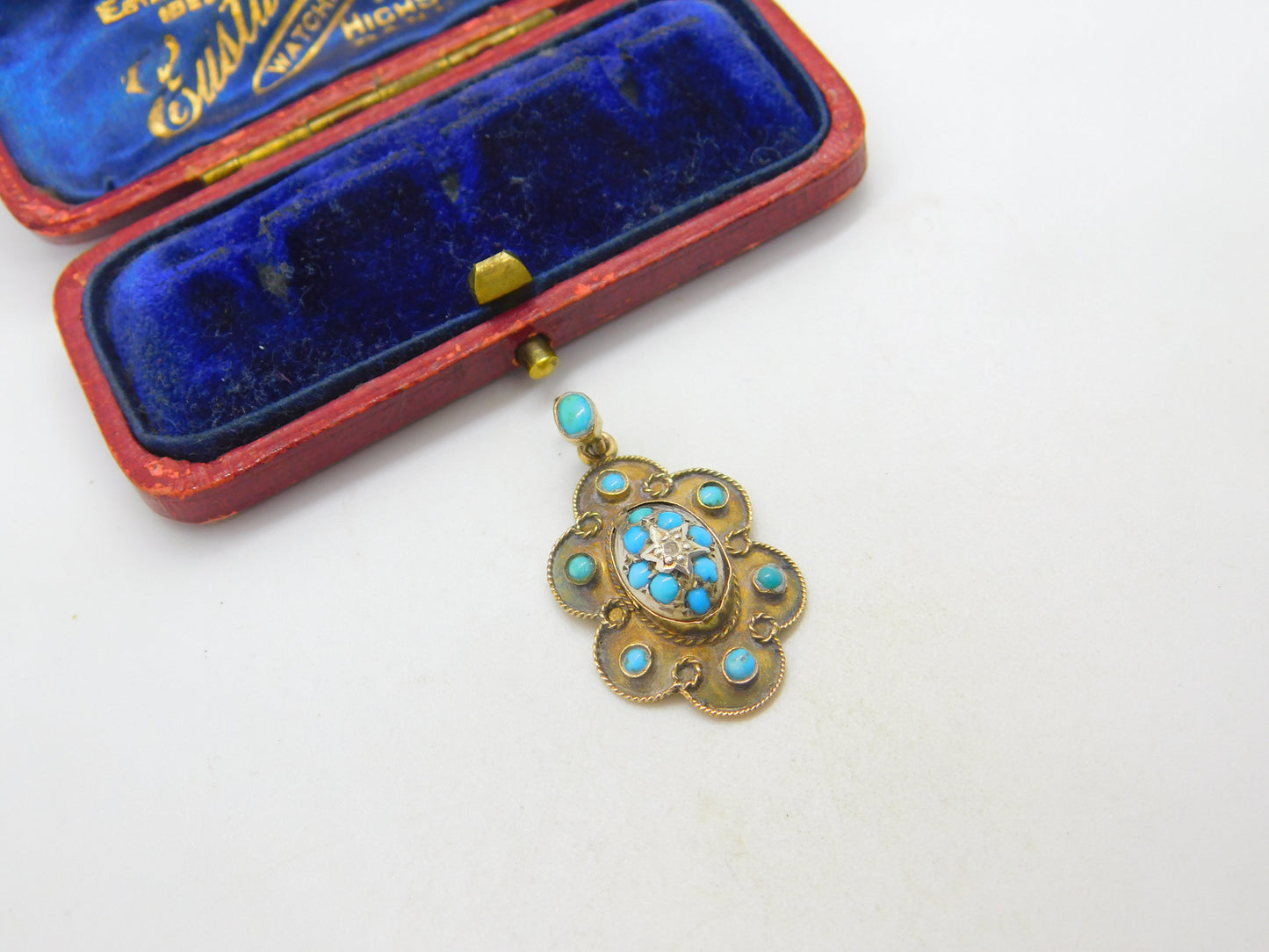 Victorian 15ct Gold, Turquoise & Diamond Floral Drop Pendant c1860 Antique