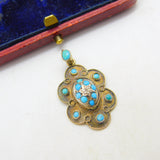 Victorian 15ct Gold, Turquoise & Diamond Floral Drop Pendant c1860 Antique
