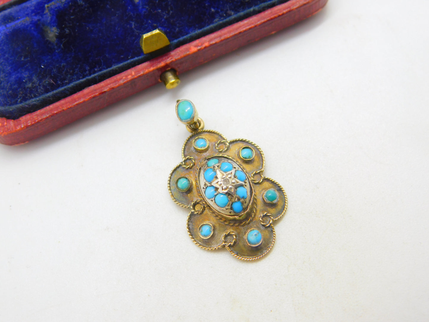 Victorian 15ct Gold, Turquoise & Diamond Floral Drop Pendant c1860 Antique