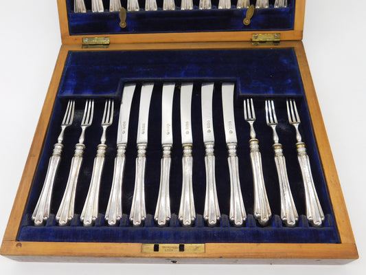 Edwardian Boxed 12 Piece Sterling Silver Tea Cutlery Canteen Antique 1905