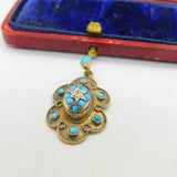Victorian 15ct Gold, Turquoise & Diamond Floral Drop Pendant c1860 Antique