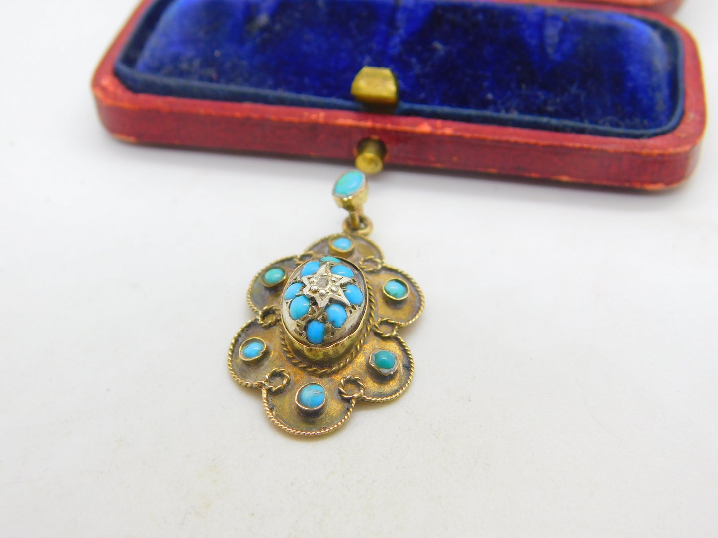 Victorian 15ct Gold, Turquoise & Diamond Floral Drop Pendant c1860 Antique