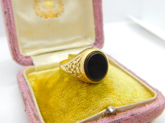 9ct Yellow Gold Onyx Set Signet Ring 1980 London Vintage Size X UK