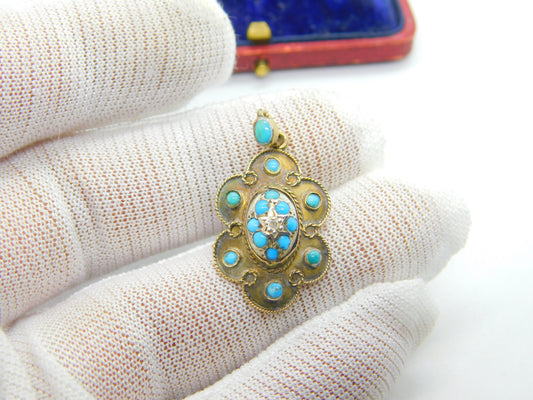 Victorian 15ct Gold, Turquoise & Diamond Floral Drop Pendant c1860 Antique