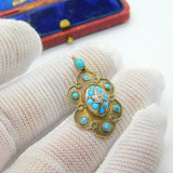 Victorian 15ct Gold, Turquoise & Diamond Floral Drop Pendant c1860 Antique