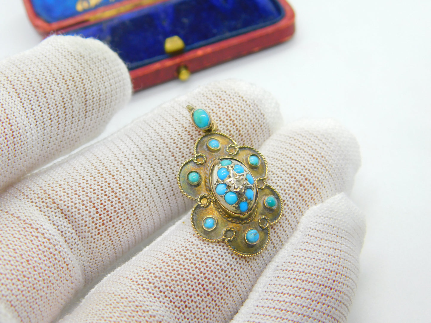 Victorian 15ct Gold, Turquoise & Diamond Floral Drop Pendant c1860 Antique