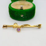 Edwardian 9ct Yellow Gold, Amethyst & Seed Pearl Floral Bar Brooch Antique