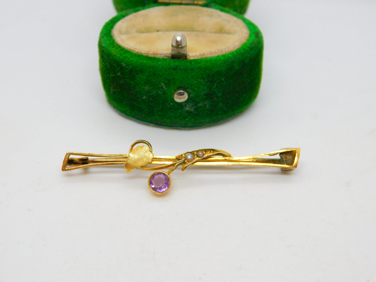 Edwardian 9ct Yellow Gold, Amethyst & Seed Pearl Floral Bar Brooch Antique