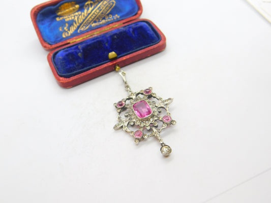 Early Austrian .800 Silver Pink & White Paste Lavalier Drop Pendant c1860 Antique