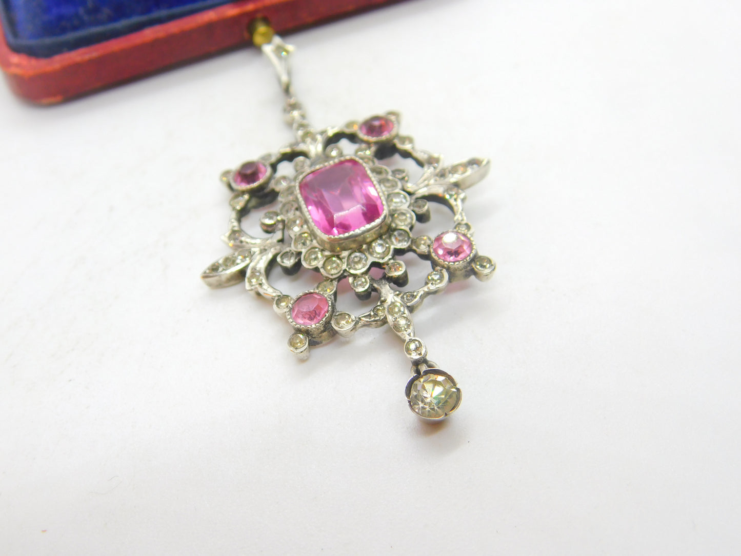 Early Austrian .800 Silver Pink & White Paste Lavalier Drop Pendant c1860 Antique