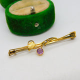 Edwardian 9ct Yellow Gold, Amethyst & Seed Pearl Floral Bar Brooch Antique