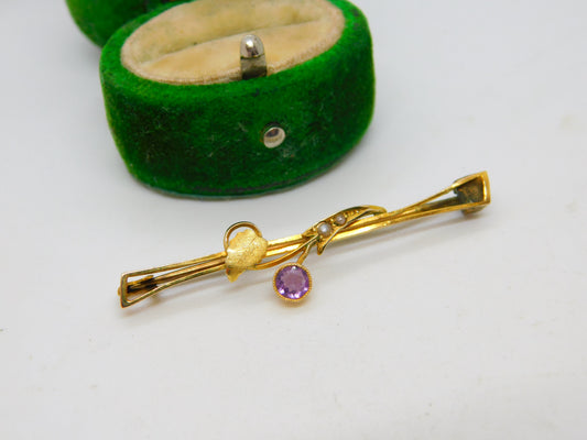 Edwardian 9ct Yellow Gold, Amethyst & Seed Pearl Floral Bar Brooch Antique