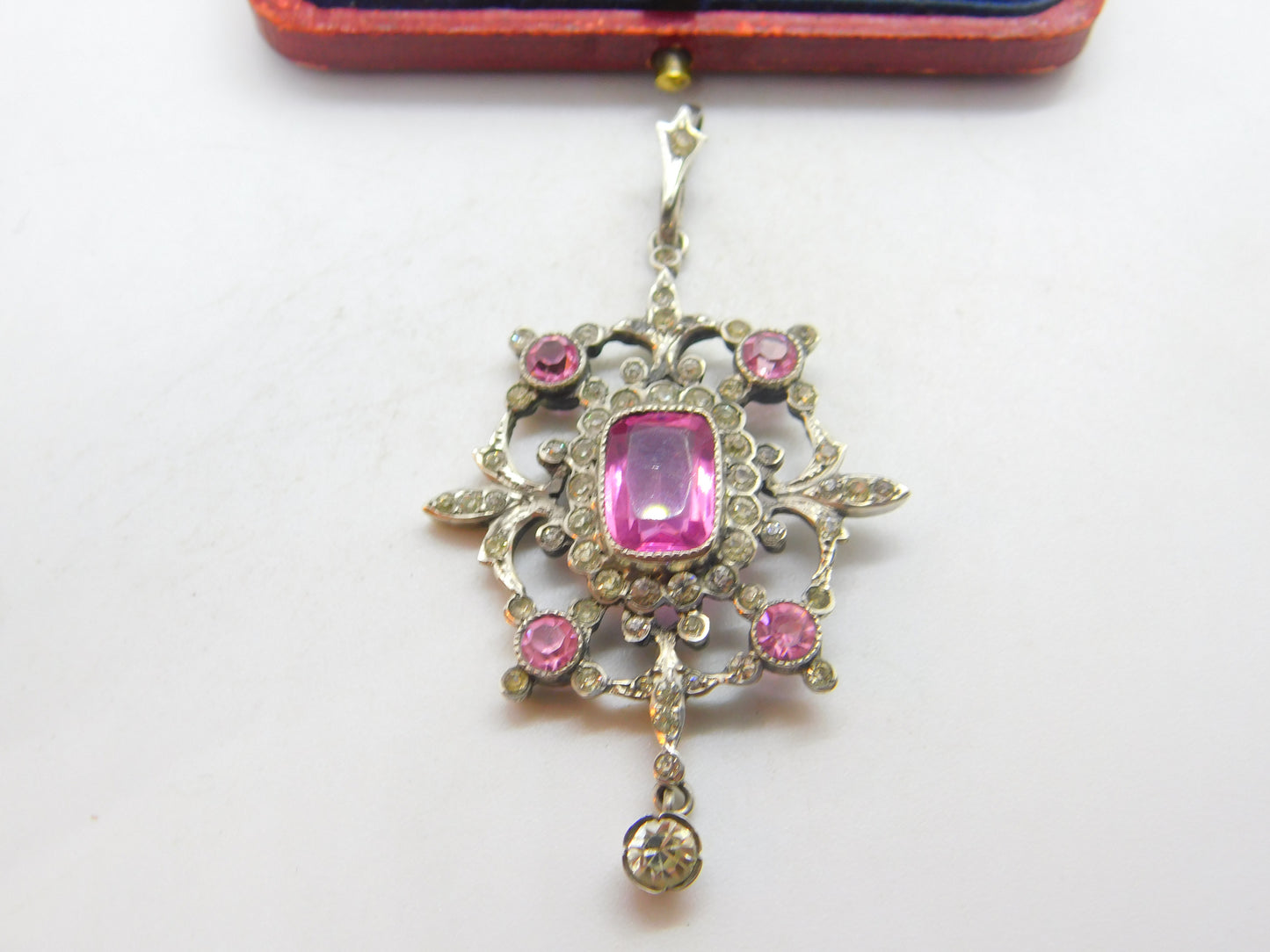 Early Austrian .800 Silver Pink & White Paste Lavalier Drop Pendant c1860 Antique