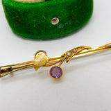 Edwardian 9ct Yellow Gold, Amethyst & Seed Pearl Floral Bar Brooch Antique