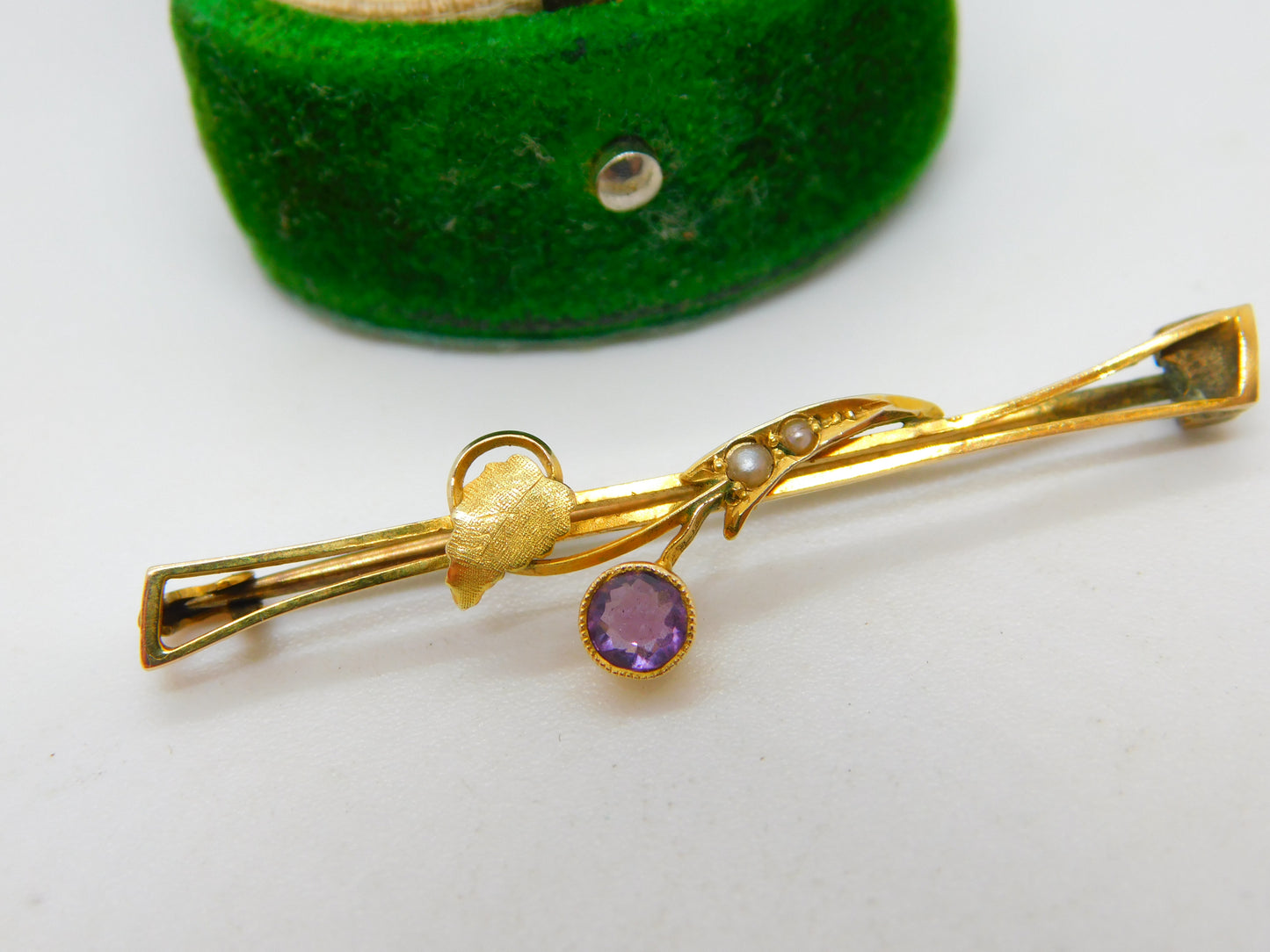 Edwardian 9ct Yellow Gold, Amethyst & Seed Pearl Floral Bar Brooch Antique